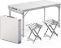 White 4 Foot Adjustable Folding Camping Table with Aluminum Stools W96159