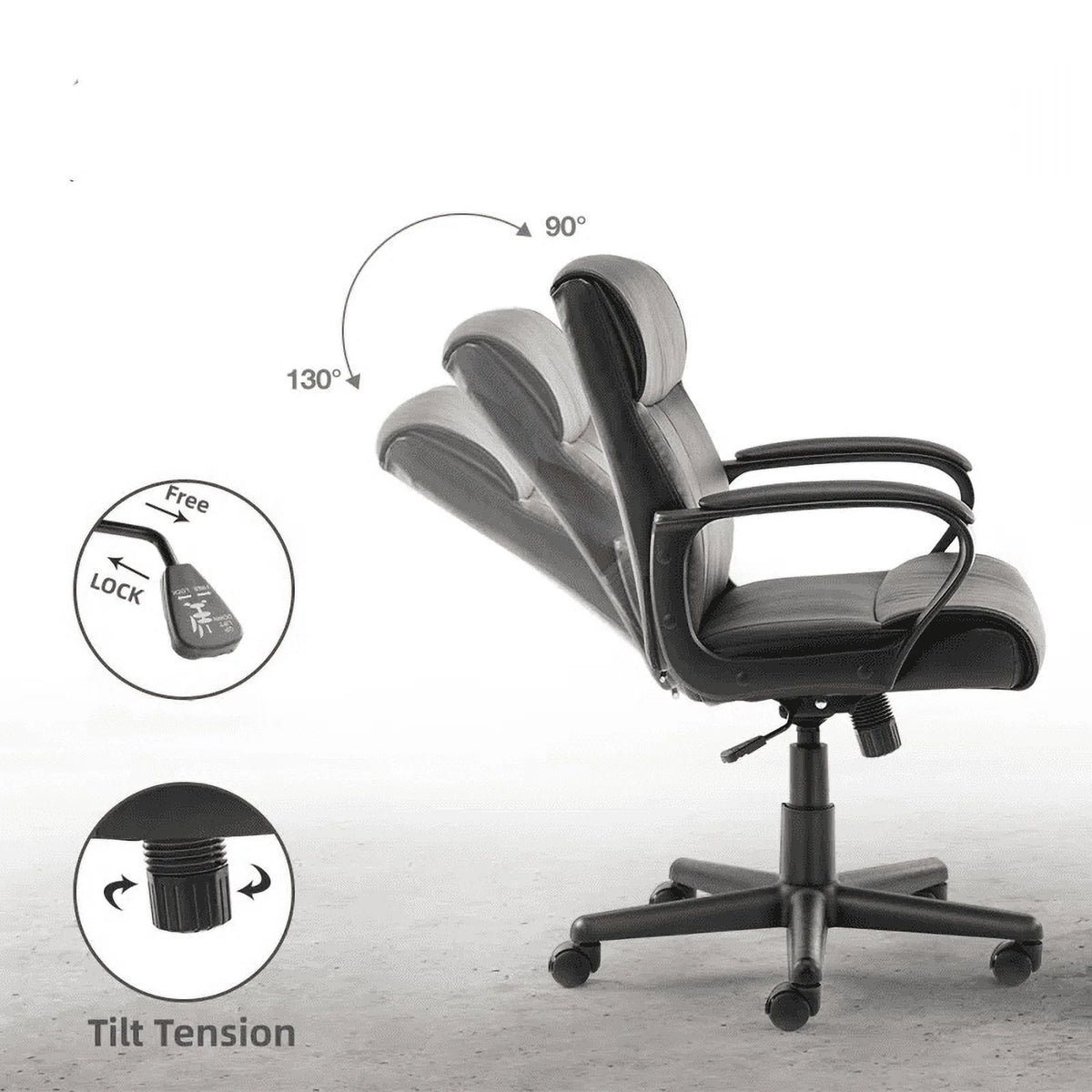 Black PU Leather Mid-back Office Chair with Fixed Padded Armrests J5308