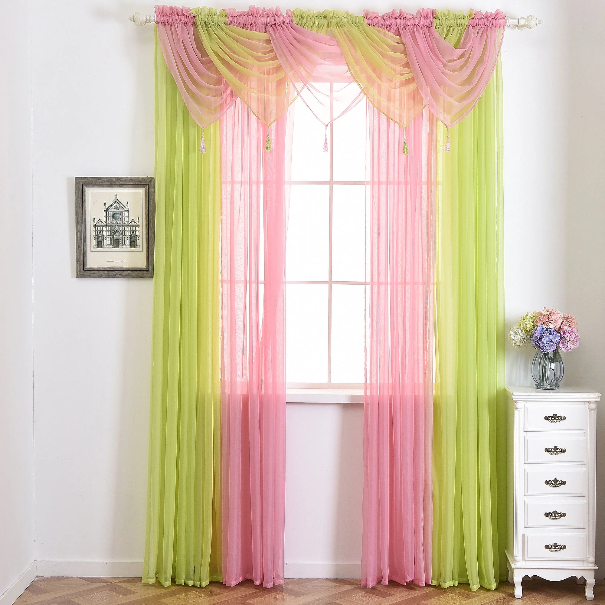 15 Color Solid Sheer Voile Curtains with Tassle D197