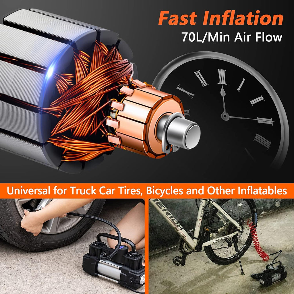 12V Double Cylinder Portable Air Compressor Tire Inflator with Pressure Gauge Y48961