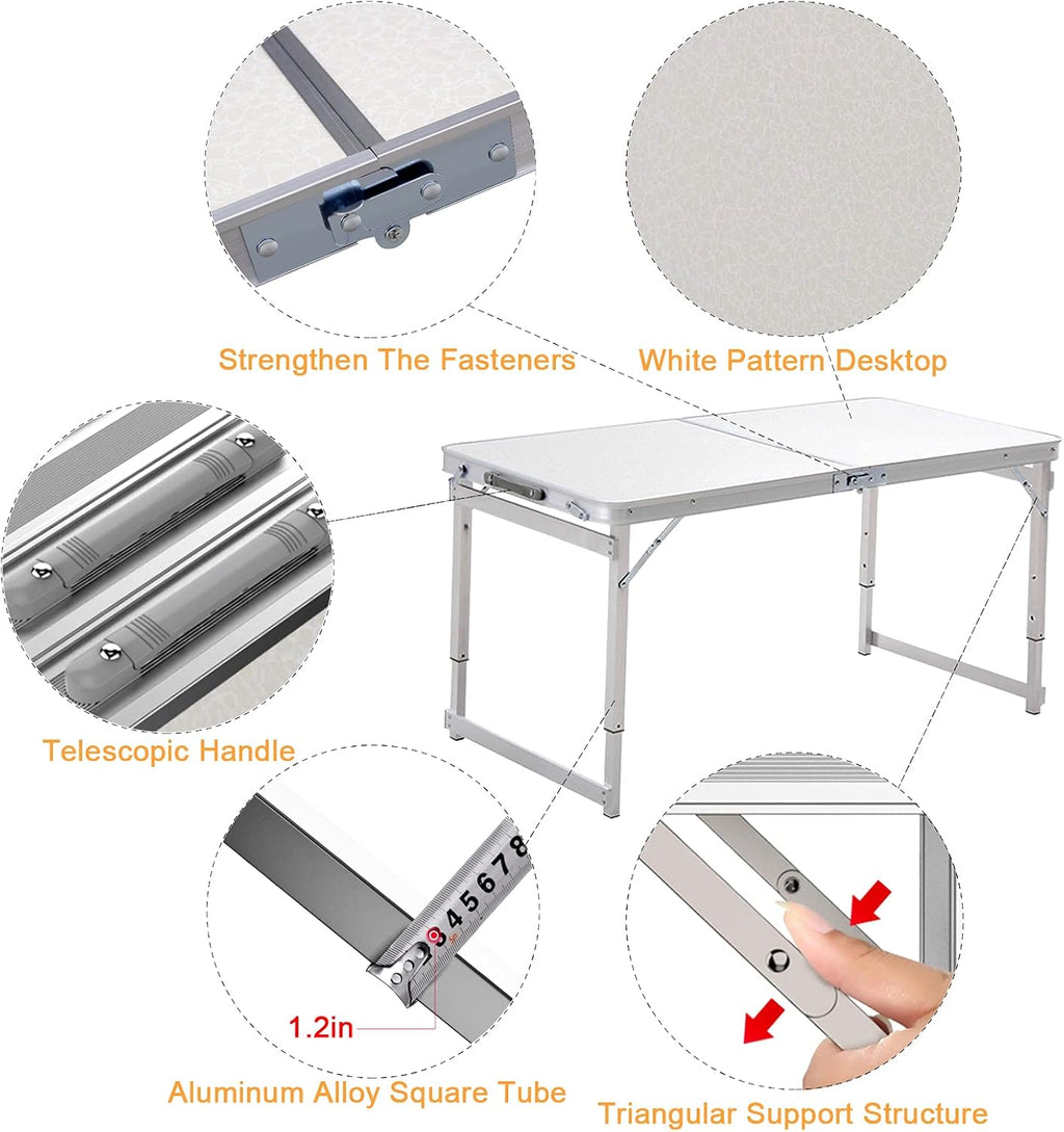 White 4 Foot Adjustable Folding Camping Table with Aluminum Stools W96159