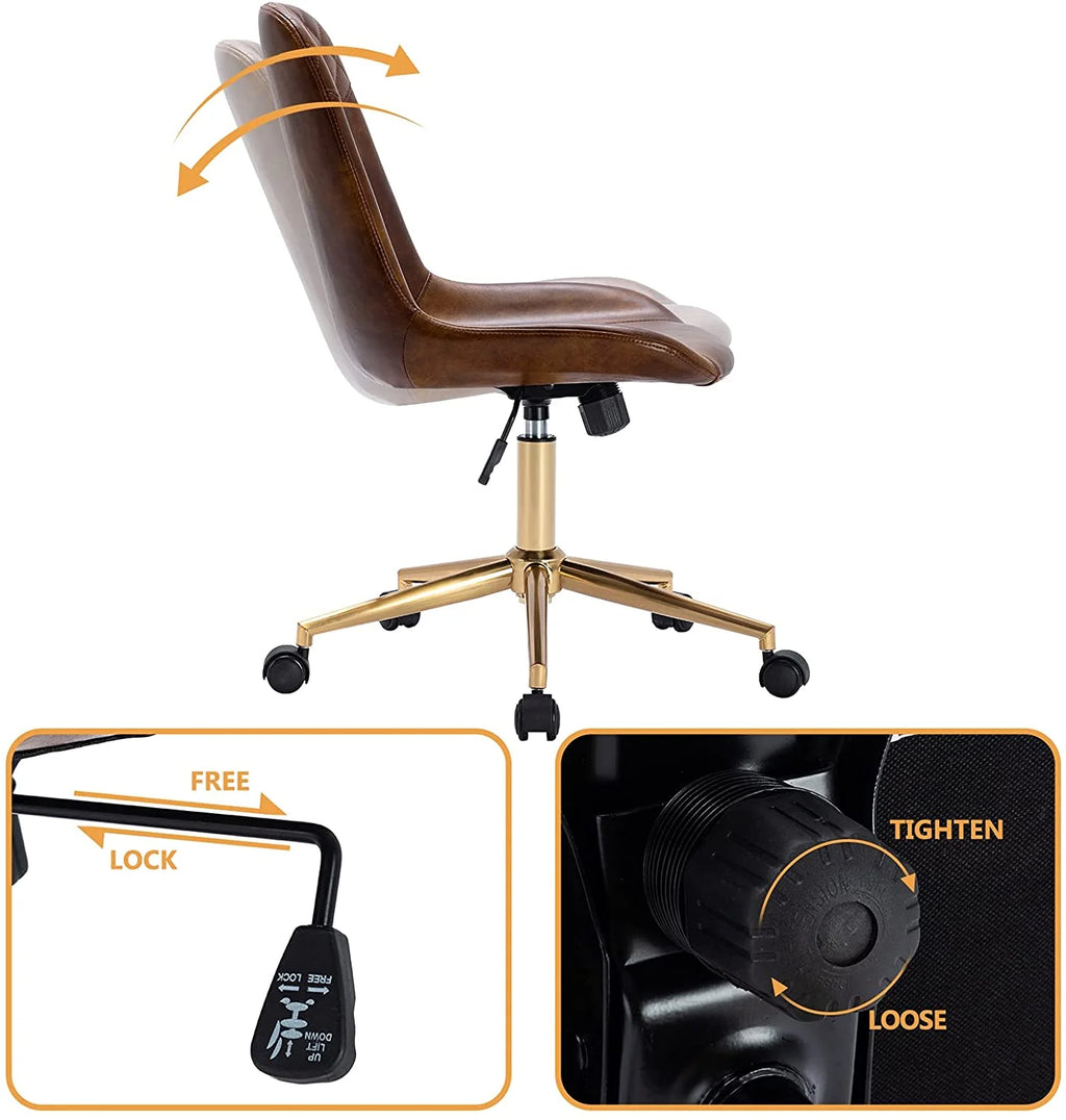 Yellowish Brown Faux Leather Swivel Task Chair with Gold Legs D28152