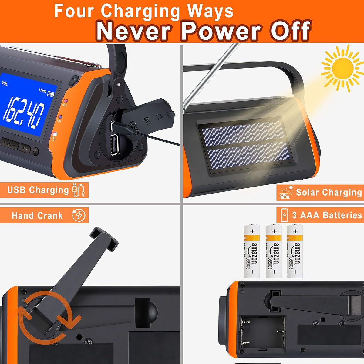 Solar Powered Hand Crank AM/FM/NOAA Emergency Weather Alert Radio with LED Flashlight, Pack of 2 F667