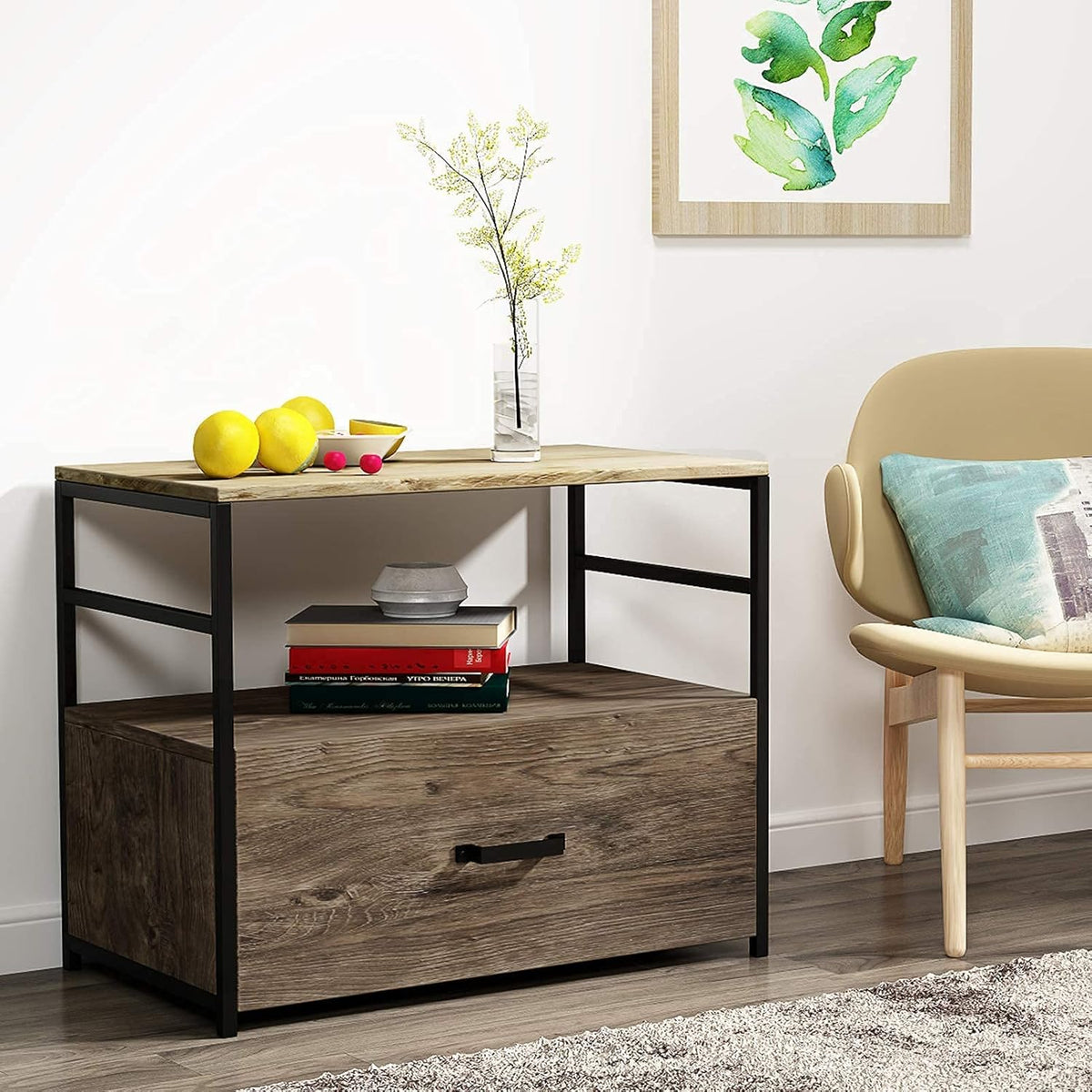 Wood Lateral File Cabinet with Drawer and Open Shelf J52495
