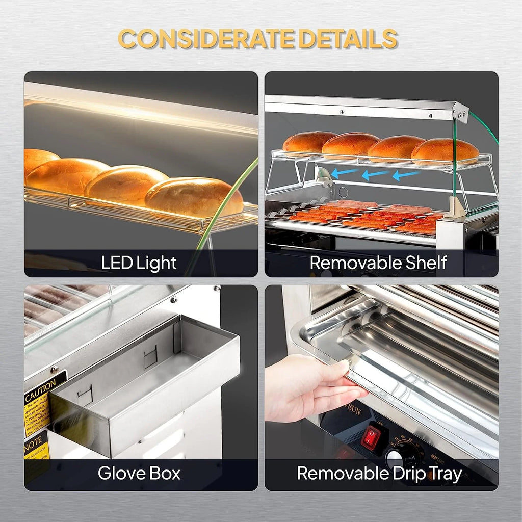 Hot Dog Roller Grill Cooker Machine with Cover, Dual Temp Control, Removable Drip Tray V7743
