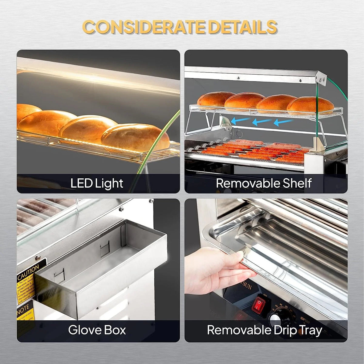 Hot Dog Roller Grill Cooker Machine with Cover, Dual Temp Control, Removable Drip Tray V7743