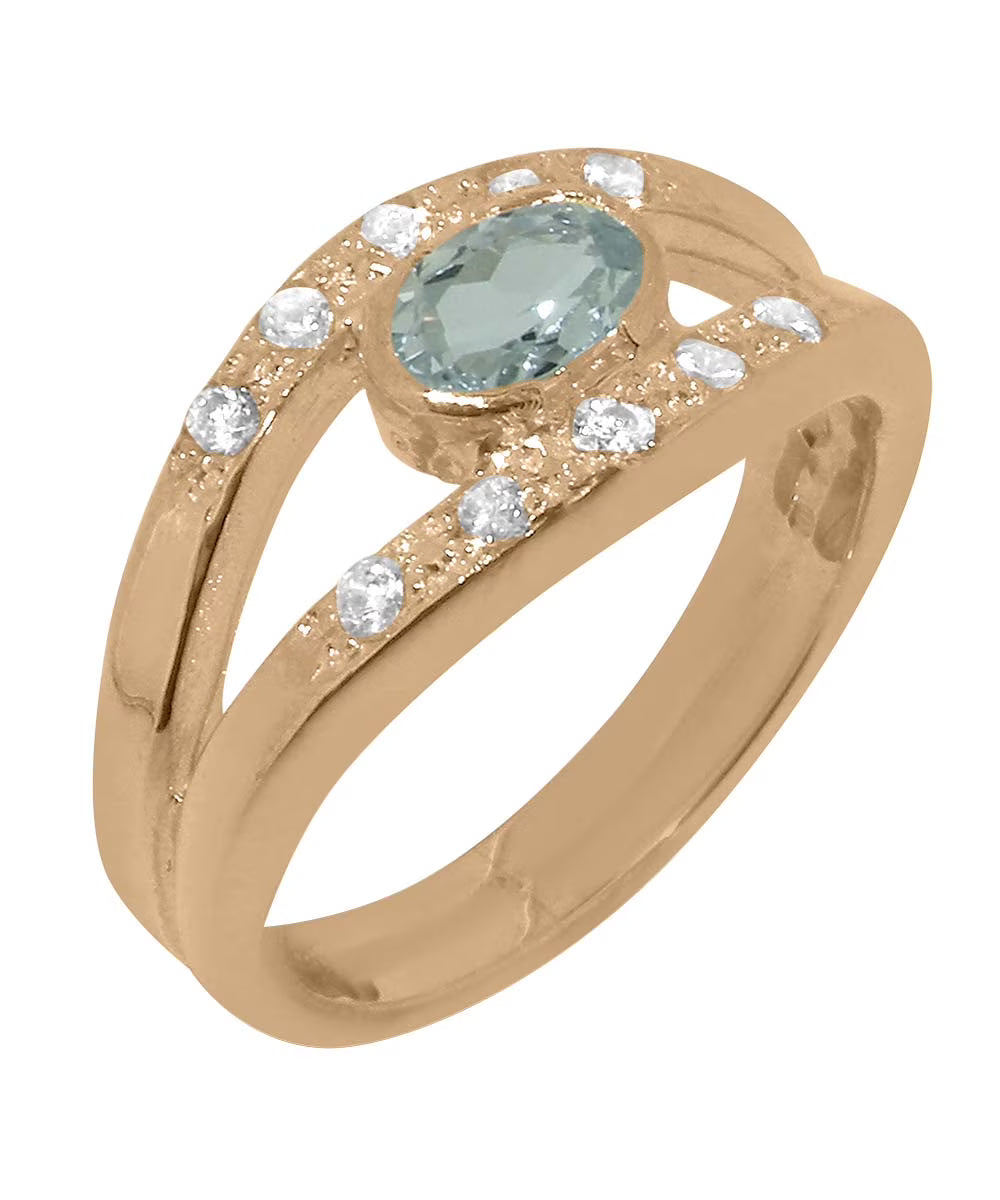 18k Rose Gold Natural Aquamarine & Diamond Womens Band Ring U319950