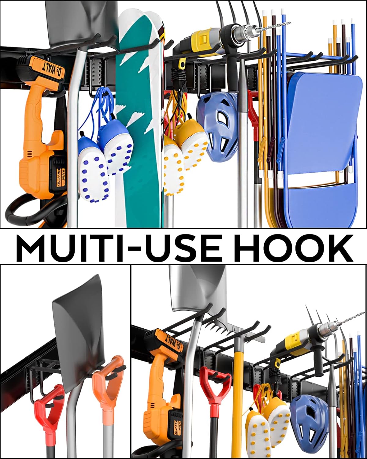 48 Inch Wall Mounted Tool Storage Rack with 6 Adjustable Hooks and 3 Rails Pack of 2 Y40356