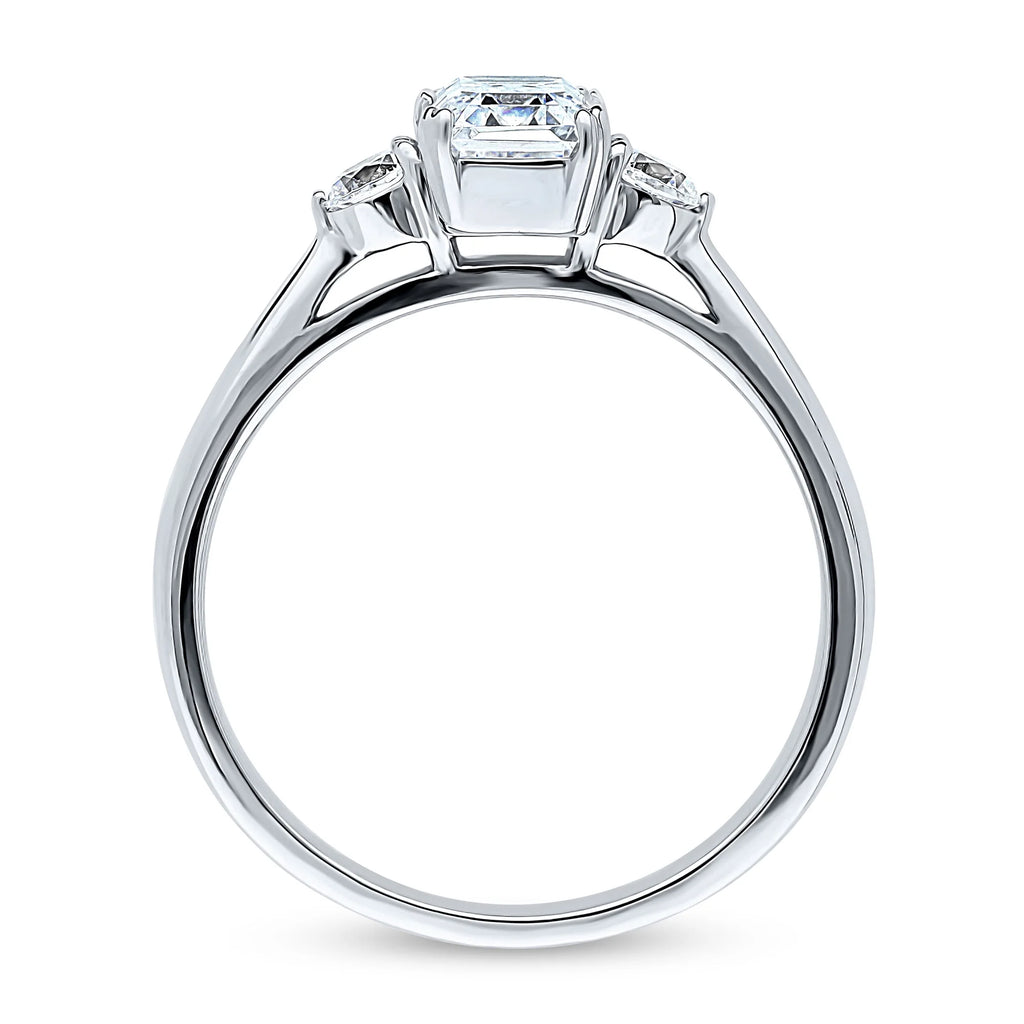 Sterling Silver 3-Stone Emerald Cut Cubic Zirconia Ring, Rhodium Plated Size 4.5 M2303
