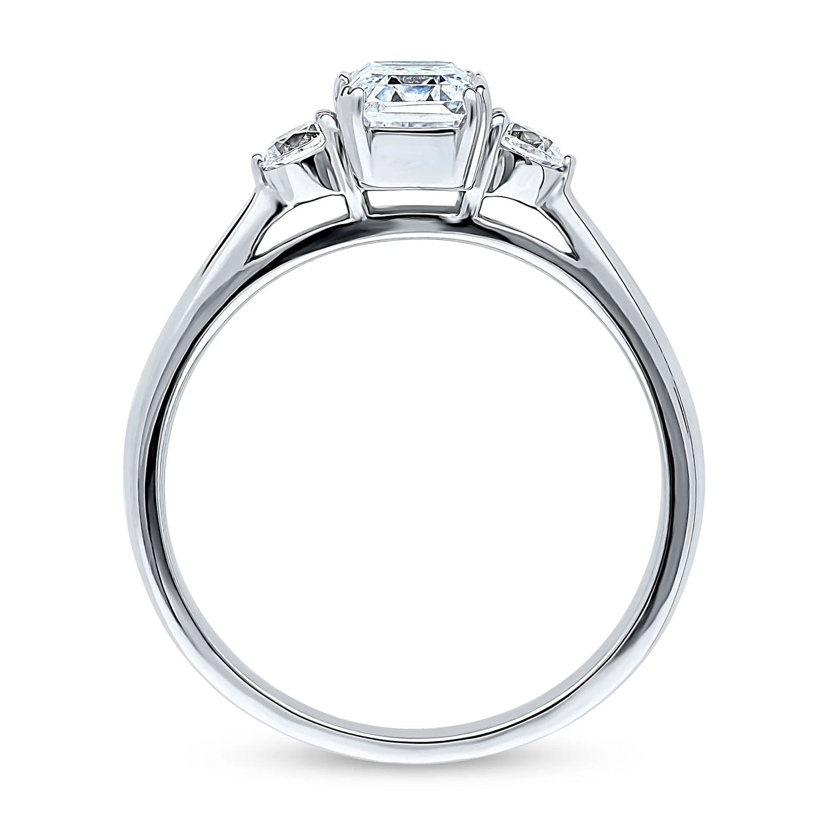 Sterling Silver 3-Stone Emerald Cut Cubic Zirconia Ring, Rhodium Plated Size 4.5 M2303