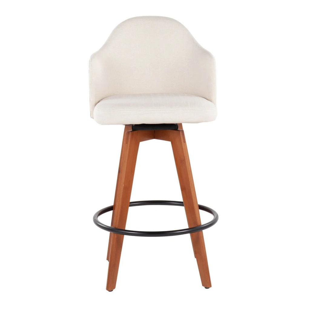 Cream Fabric Counter Stool With Walnut Bamboo Legs And Black Metal Footrest F528