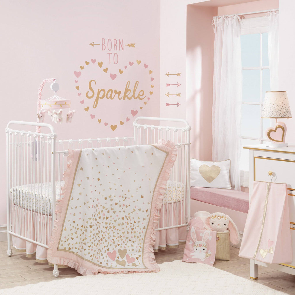 4 Piece Crib Bedding Set in Pink and White T8381