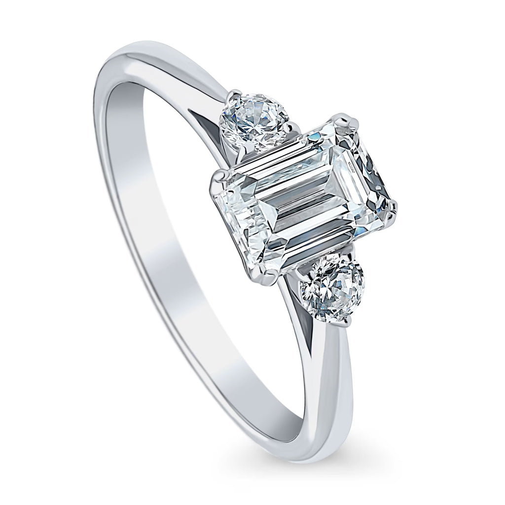 Sterling Silver 3-Stone Emerald Cut Cubic Zirconia Ring, Rhodium Plated Size 4.5 M2303