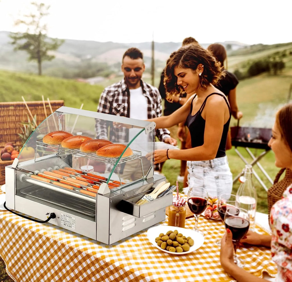 Hot Dog Roller Grill Cooker Machine with Cover, Dual Temp Control, Removable Drip Tray V7743