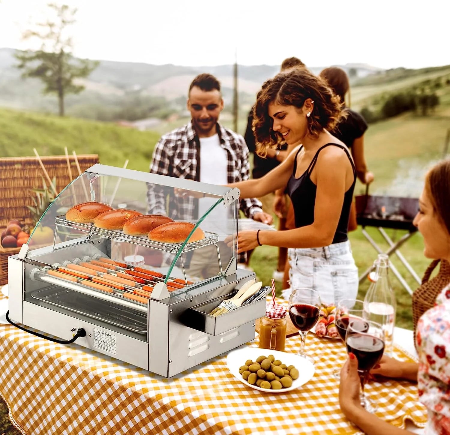 Hot Dog Roller Grill Cooker Machine with Cover, Dual Temp Control, Removable Drip Tray V7743