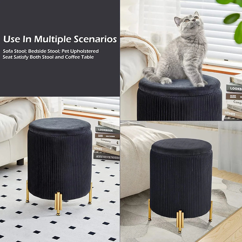Black Velvet Round Ottoman with 23Qt Storage A75032