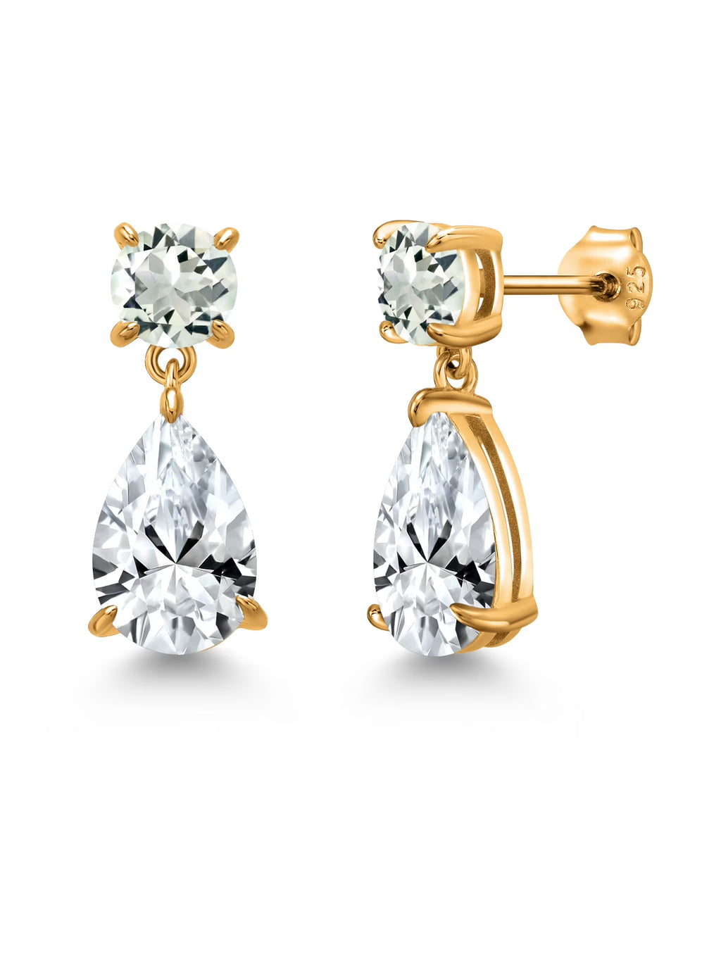 18K Yellow Gold Plated Silver White Created Sapphire and Green Prasiolite Teardrop Dangle Drop Earrings C5299