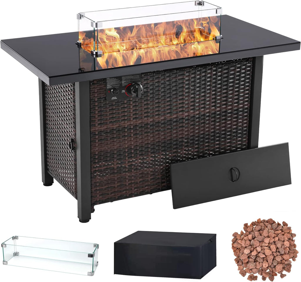 43 Inch 50,000 BTU Auto-Ignition Gas Fire Pit Table with Glass Wind Guard, Lava Stone P53737
