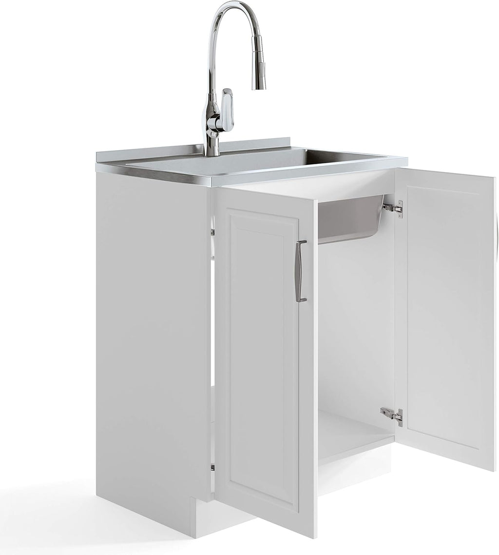 28 inch Laundry Cabinet with Pull-out Faucet and Stainless Steel Sink with 1 Storage Compartment M953