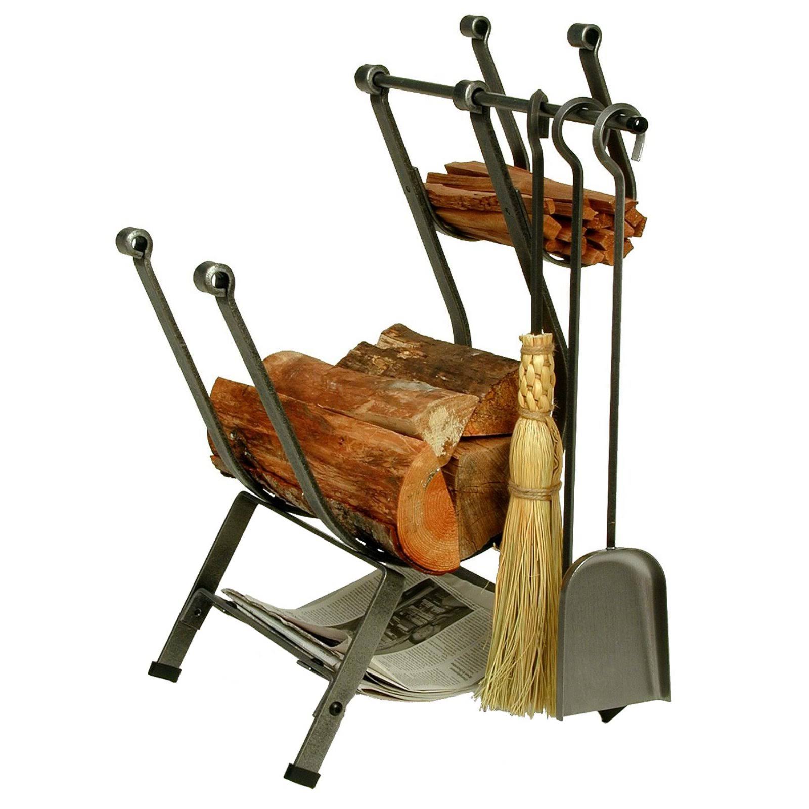 Hammered Steel Log Rack with Fireplace Tools L3494