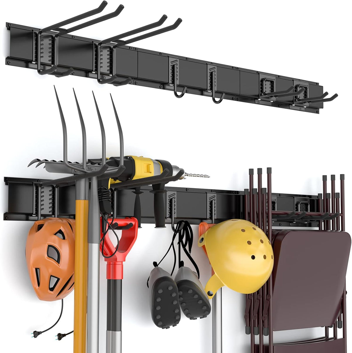 48 Inch Wall Mounted Tool Storage Rack with 6 Adjustable Hooks and 3 Rails Pack of 2 Y40356