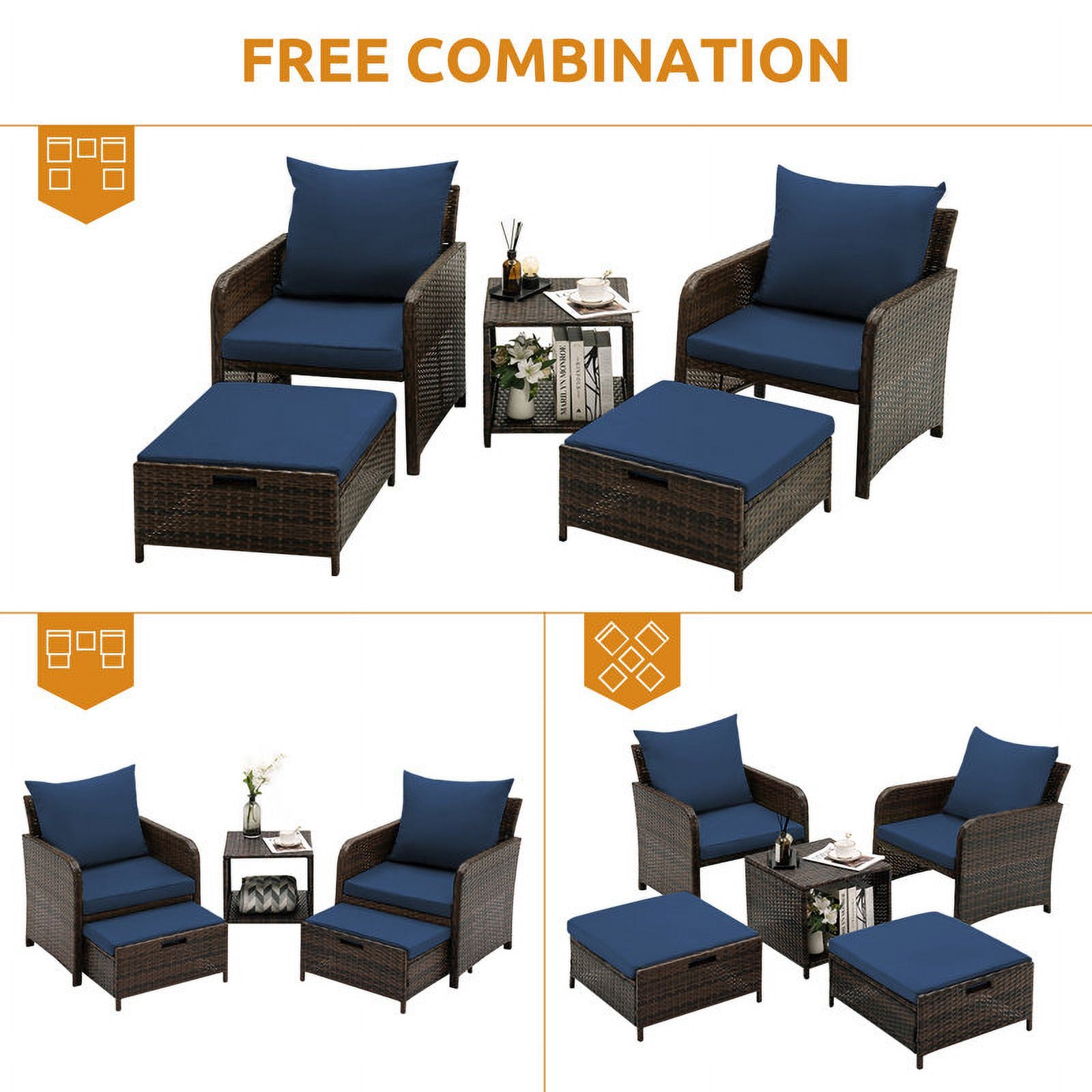 Navy 5 Piece PE Wicker Patio Furniture Set D624443