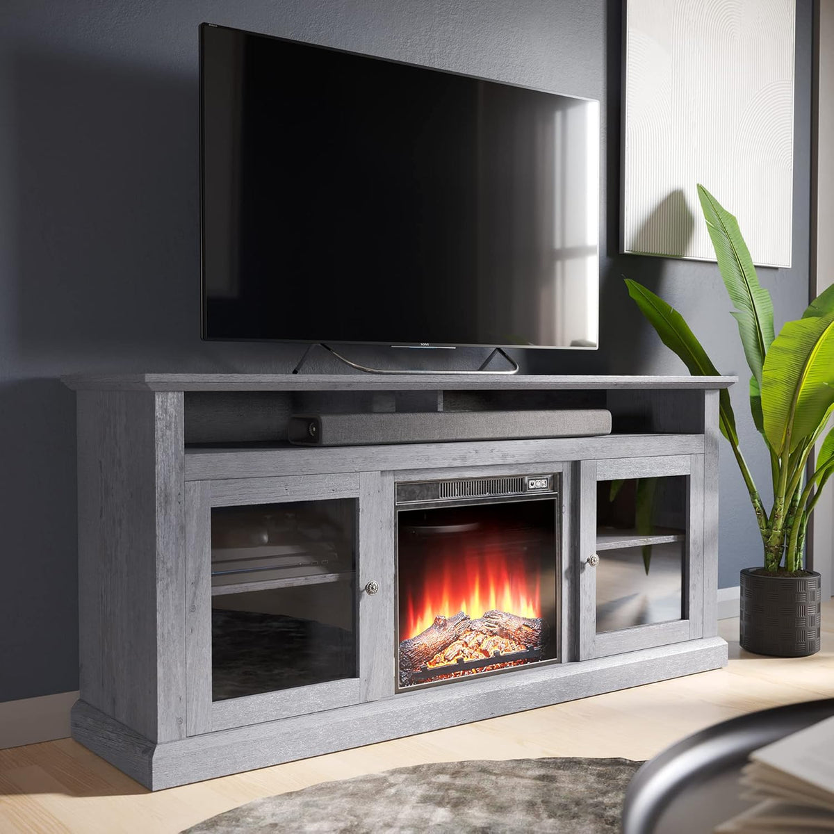 Gray Wash Electric Fireplace TV Stand with Open Storage Shelves & Cabinets A952