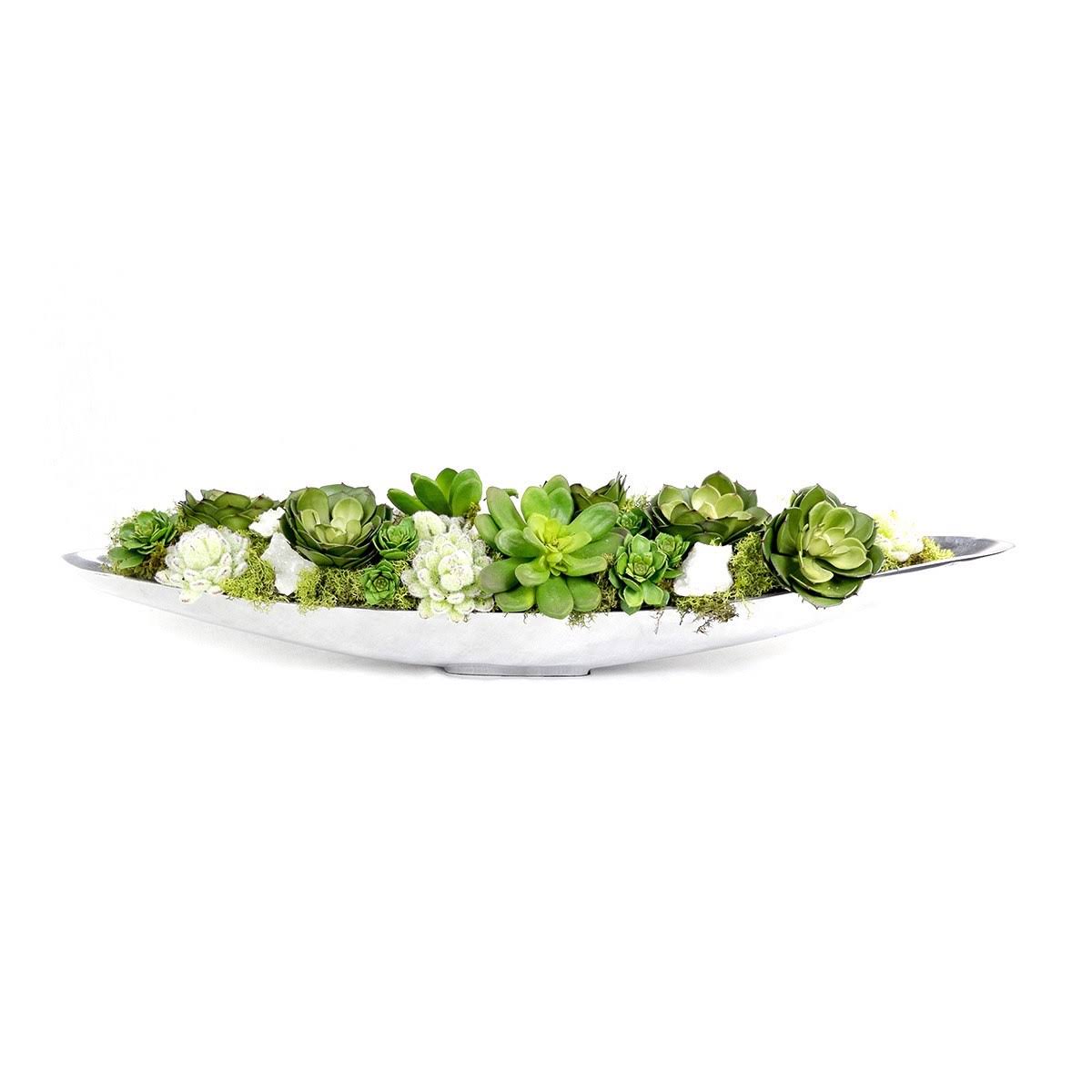 32 x 7 in. Succulents and Quartz in Silver Boat B2254