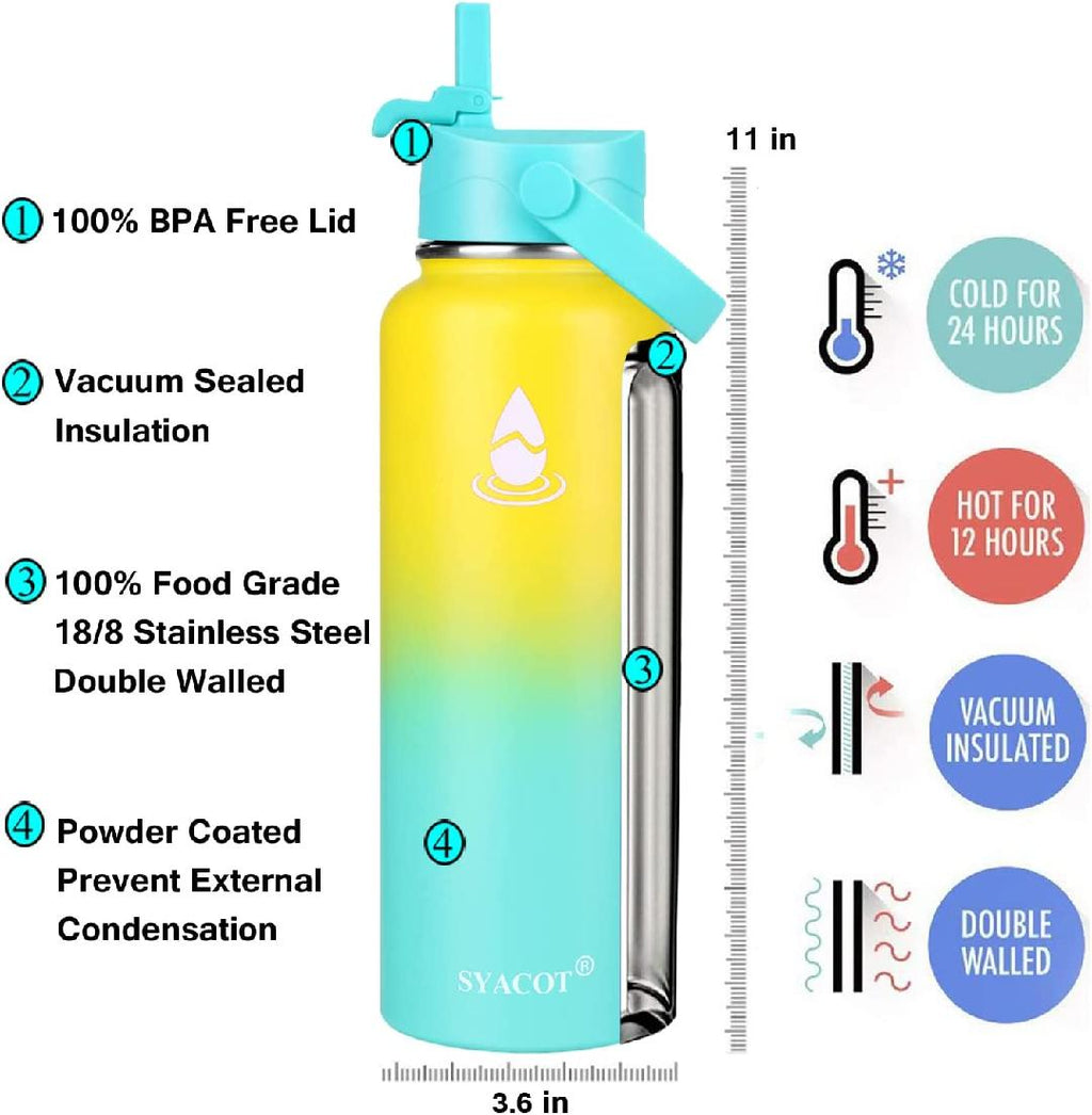 40 oz Stainless Steel Insulated Water Bottle with 2 Straw Lids A522