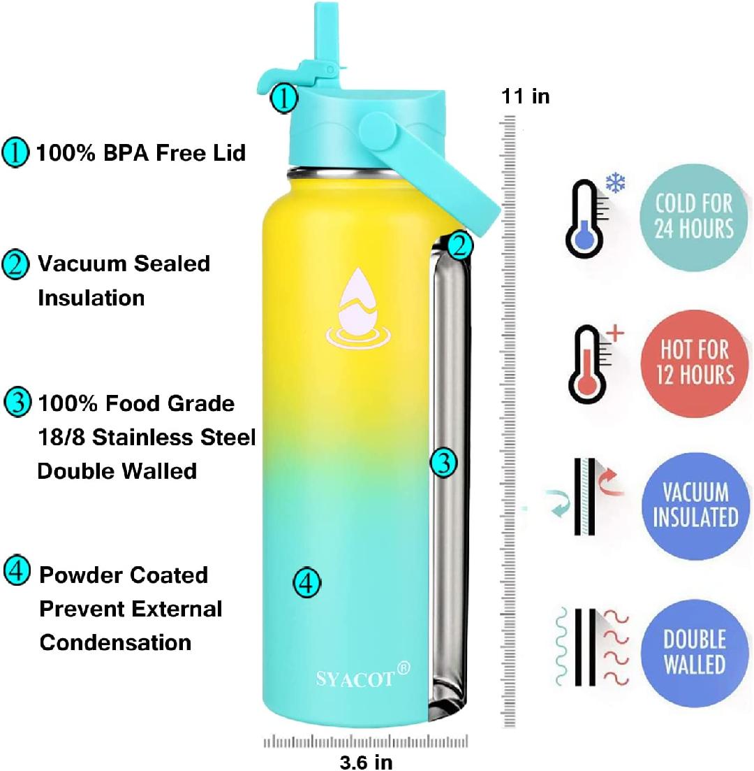 40 oz Stainless Steel Insulated Water Bottle with 2 Straw Lids A522