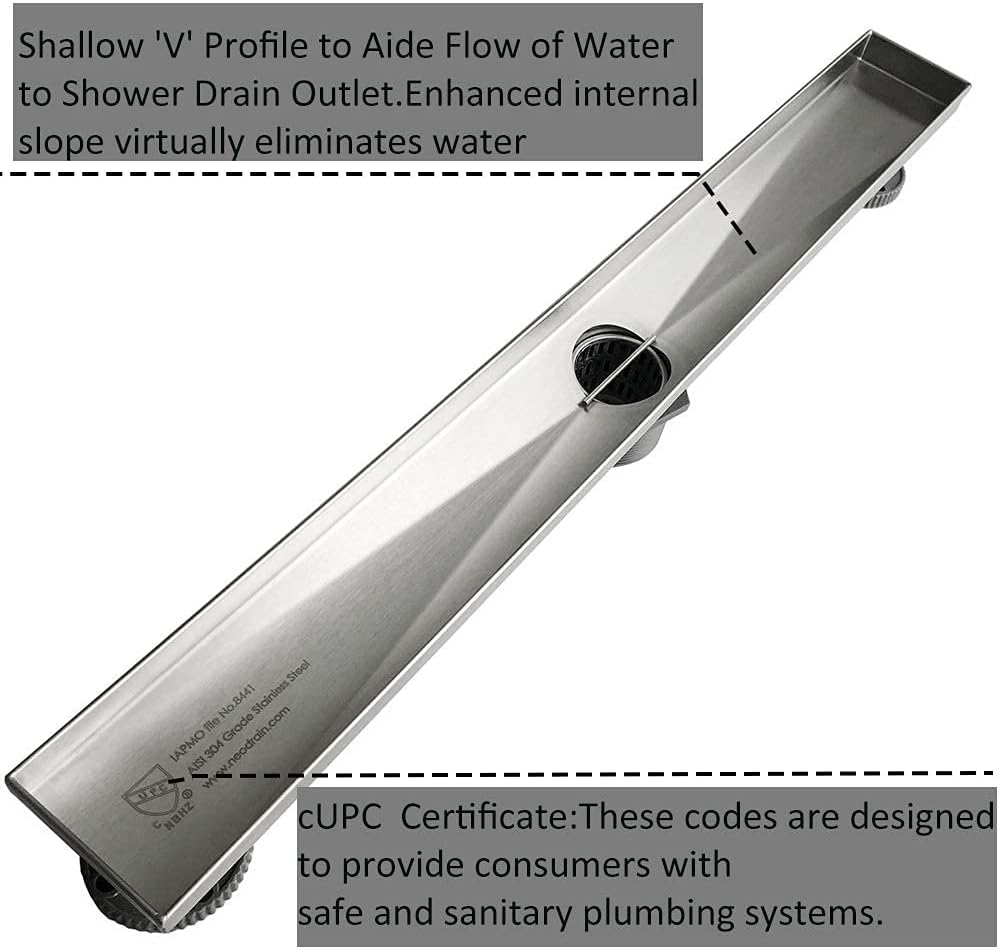 28-Inch Brushed 304 Stainless Steel Rectangle Shower Drain with Tile Insert Grate H4793