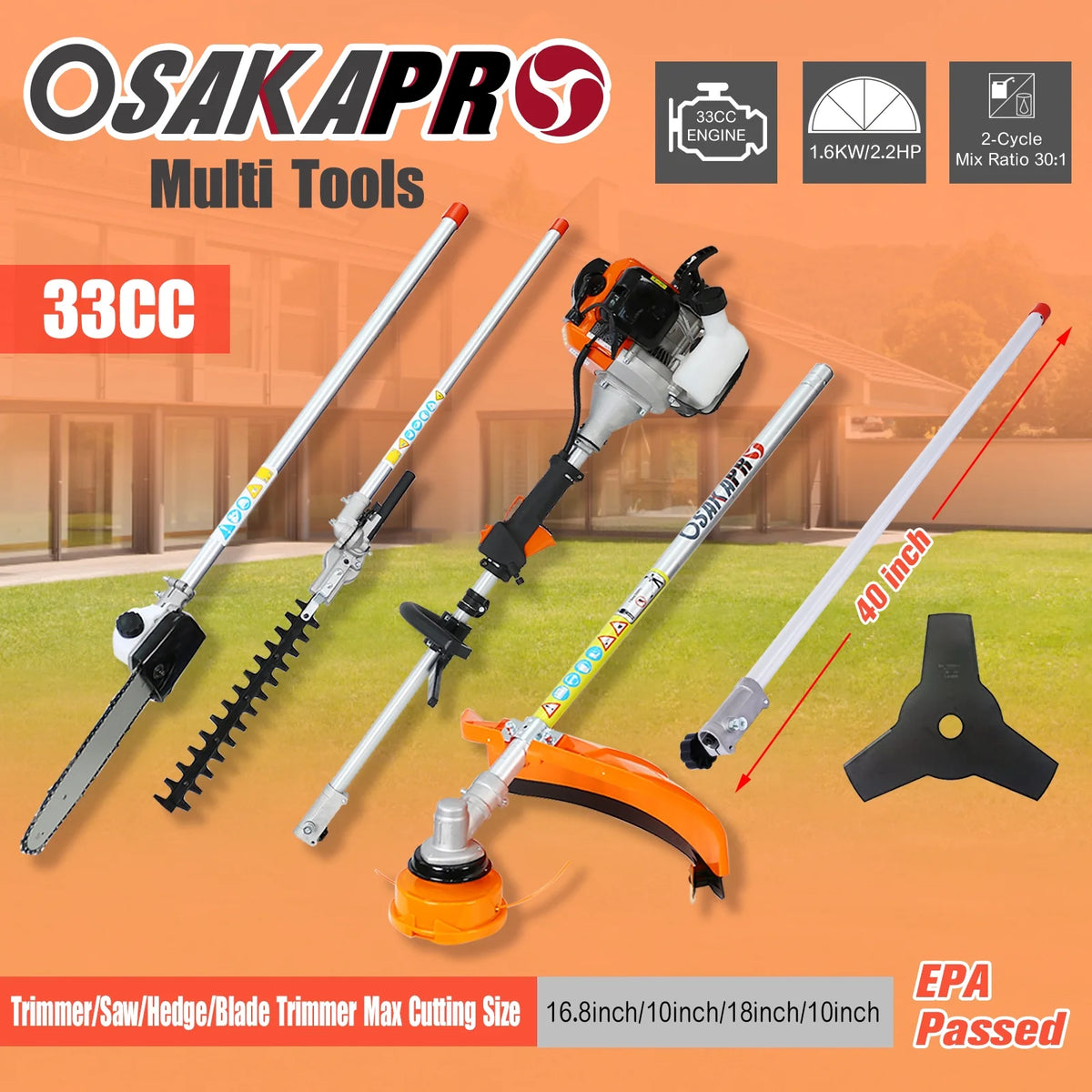 10 in 1 2-Cycle Garden Tool System with Pole Saw, Hedge Trimmer, Grass Trimmer, and Brush Cutter U7467