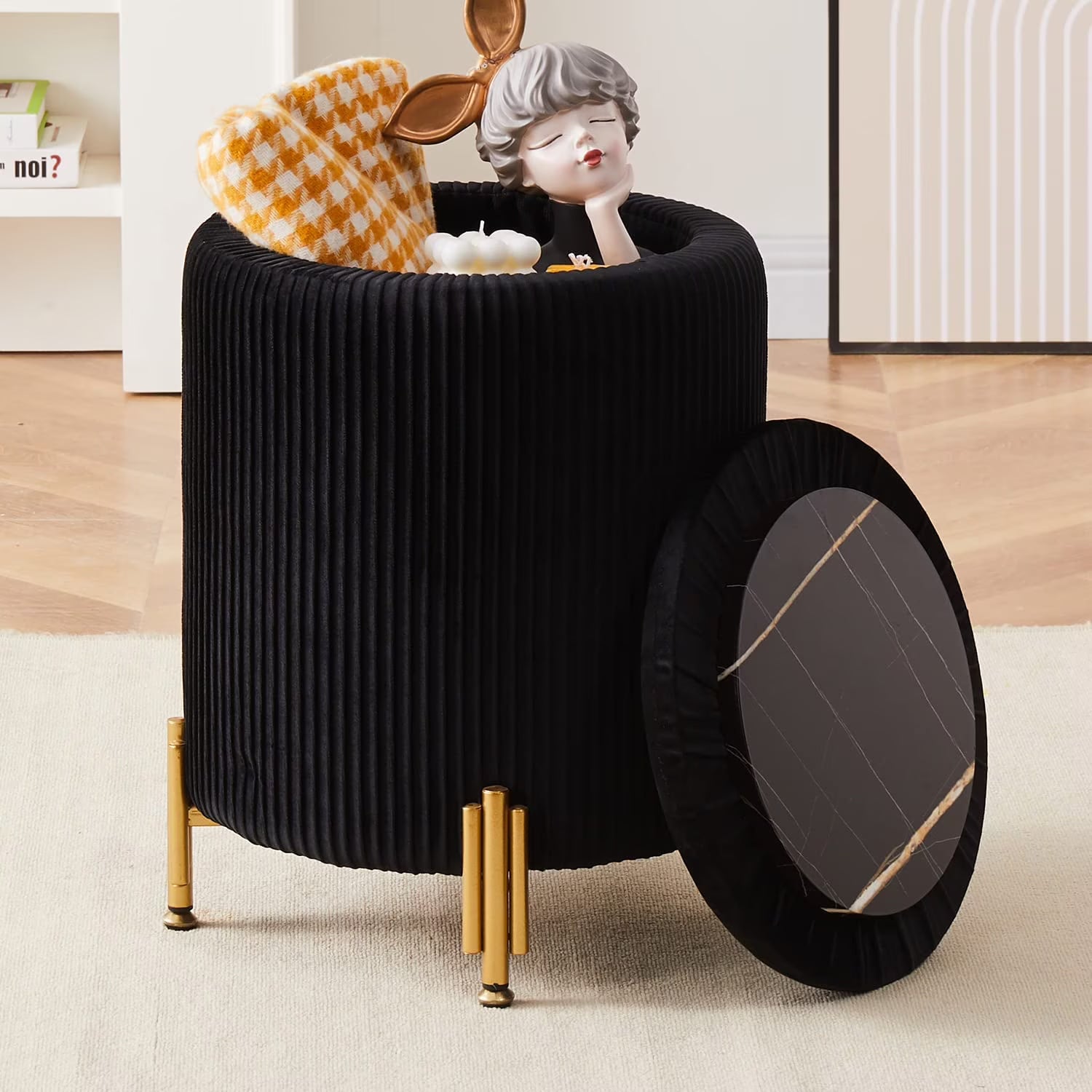 Black Velvet Round Ottoman with 23Qt Storage A75032