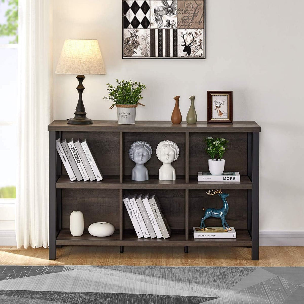 Rustic 6 Cube Storage Organizer with Shelf, Wood and Metal Cubby Bookcase (Walnut Brown, 47 Inch) G877