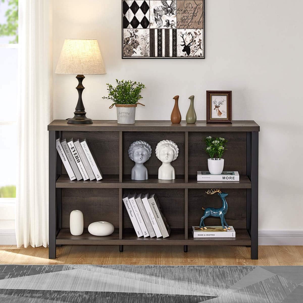 Rustic 6 Cube Storage Organizer with Shelf, Wood and Metal Cubby Bookcase (Walnut Brown, 47 Inch) G877