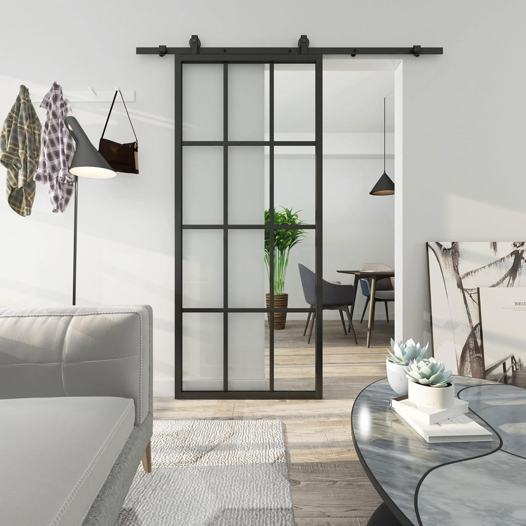 36in x 84in Clear Tempered Glass Sliding Barn Door with Aluminum Frame D4793