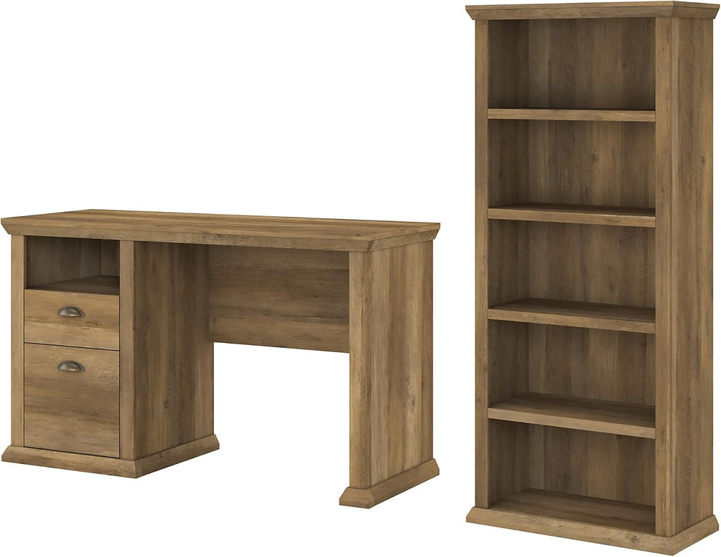 50W Reclaimed Pine Home Office Desk with 5 Shelf Bookcase G2728