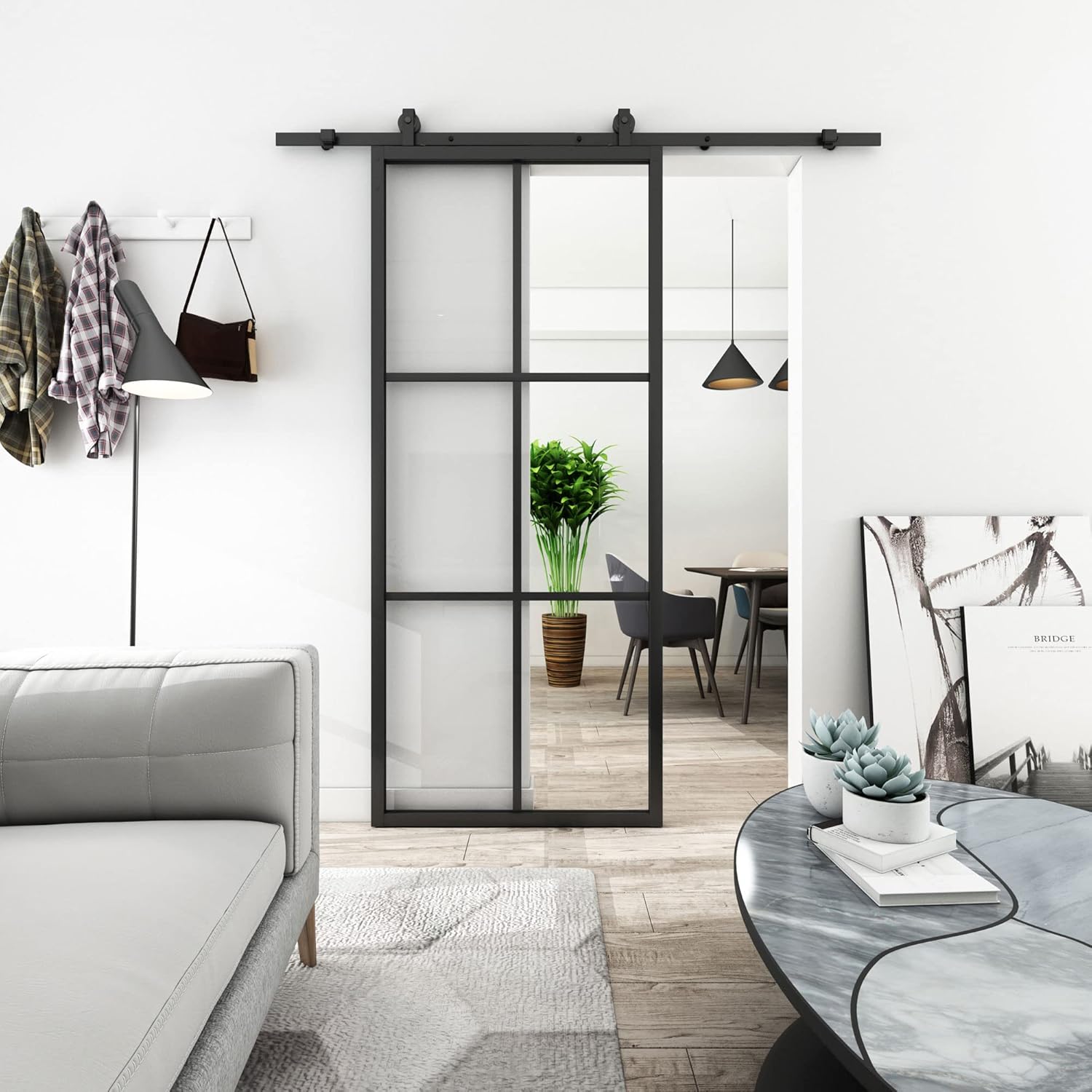 36in x 84in Clear Tempered Glass Sliding Barn Door with Aluminum Frame D4793