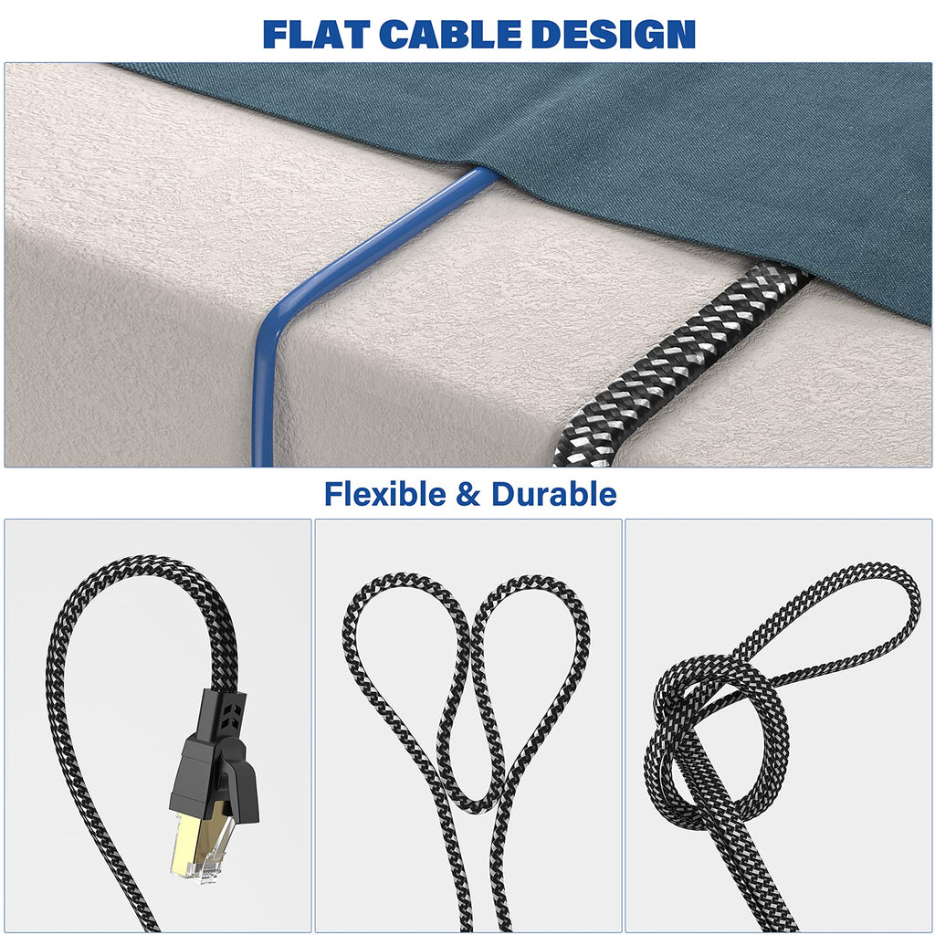 Cat 8 Ethernet Cable 200 ft, Nylon Braided SFTP RJ45 Flat Shielded Internet Cable V223525