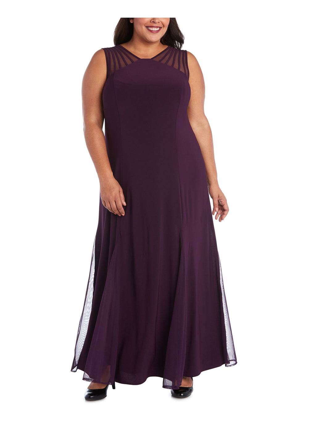 Purple Stretch Zippered Pleated Strappy Mesh-inset Sleeveless V Neck Full-Length Formal Gown Dress Plus 18W A217057